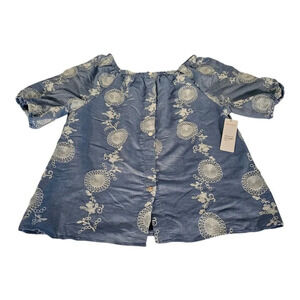 Ana & Rose Blouse Shirt Top Blue Off-Shoulder White Floral Embroidered Sz.L